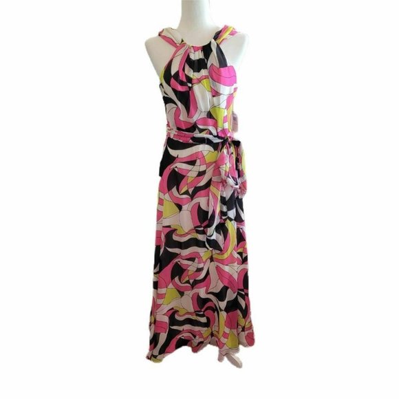 Muse Dresses & Skirts - Muse Womens A Line Maxi Dress Multicolor Pink Geometric Halter Neck Belt 10 UK 6